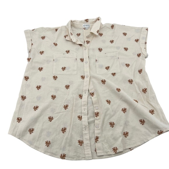 Wonderly Tops - Wonderly Womens L Ivory Cotton Embroidered Floral Button Down Blouse Top Cream